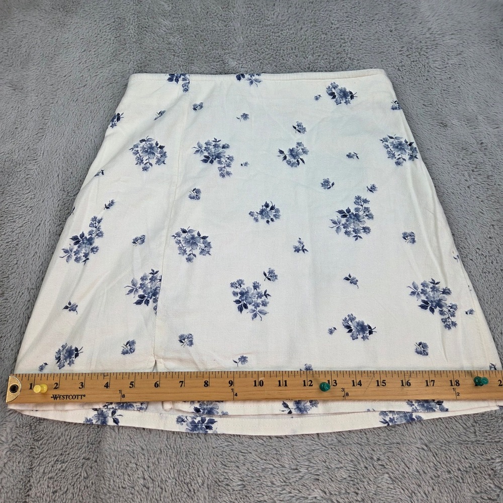 American Eagle Linen Mini Skirt Womens XS Floral A-Line Slit Side Zip Cream Blue